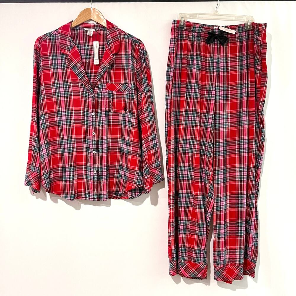 Victoria Secret Pajama Set XL Plaid Cotton Blend New NWT Long Sleeve Top Pants